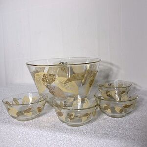 Vintage MCM Gold Leaf Large Glass Salad Bowl With 4 Matching Small Bowls